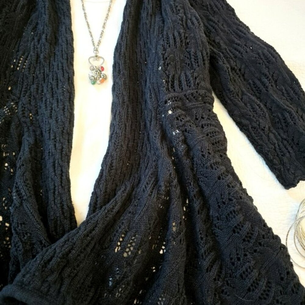 Woman Within Women's Open Front Cardigan Sweater Black Size 1X Long Flowy Knit - Picture 7 of 16